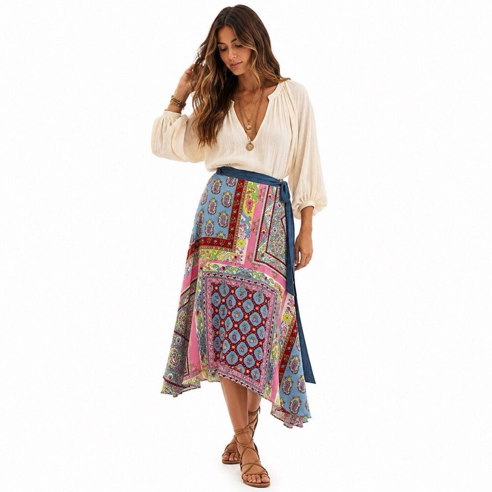 Boston Proper Adjustable 100% Silk Skirt Sz S Paisley Patch Print Boho Y2K 90s